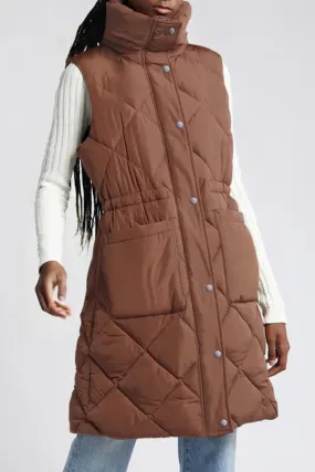 Coffee Puffer Quilted Stand Collar Pocketed Vest Coat