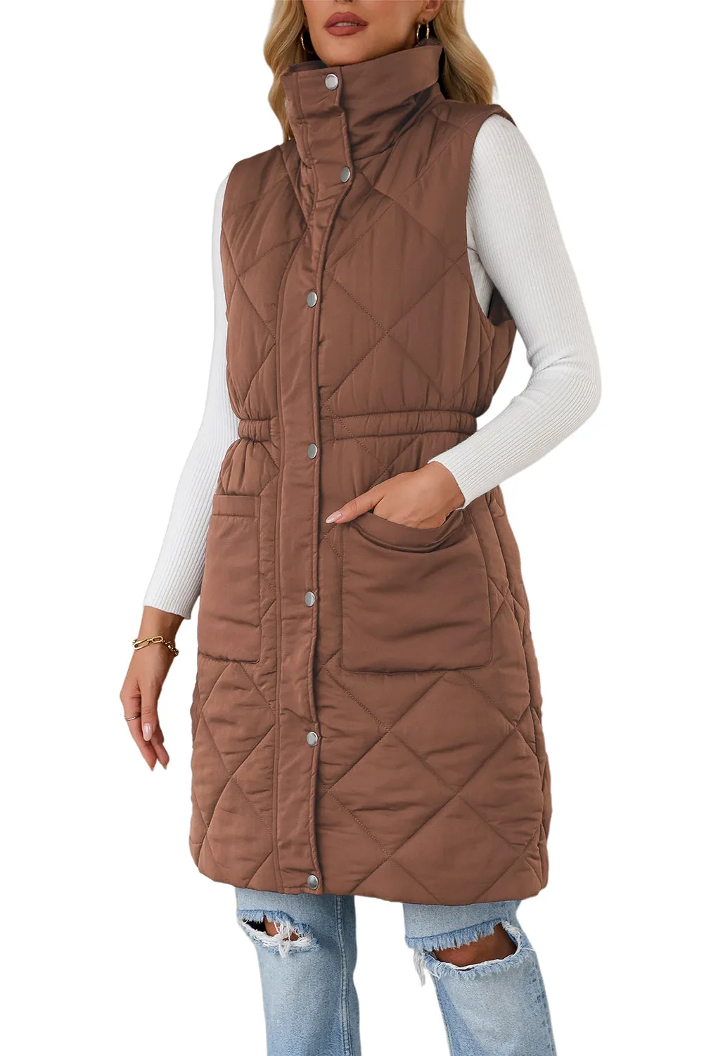 Coffee Puffer Quilted Stand Collar Pocketed Vest Coat