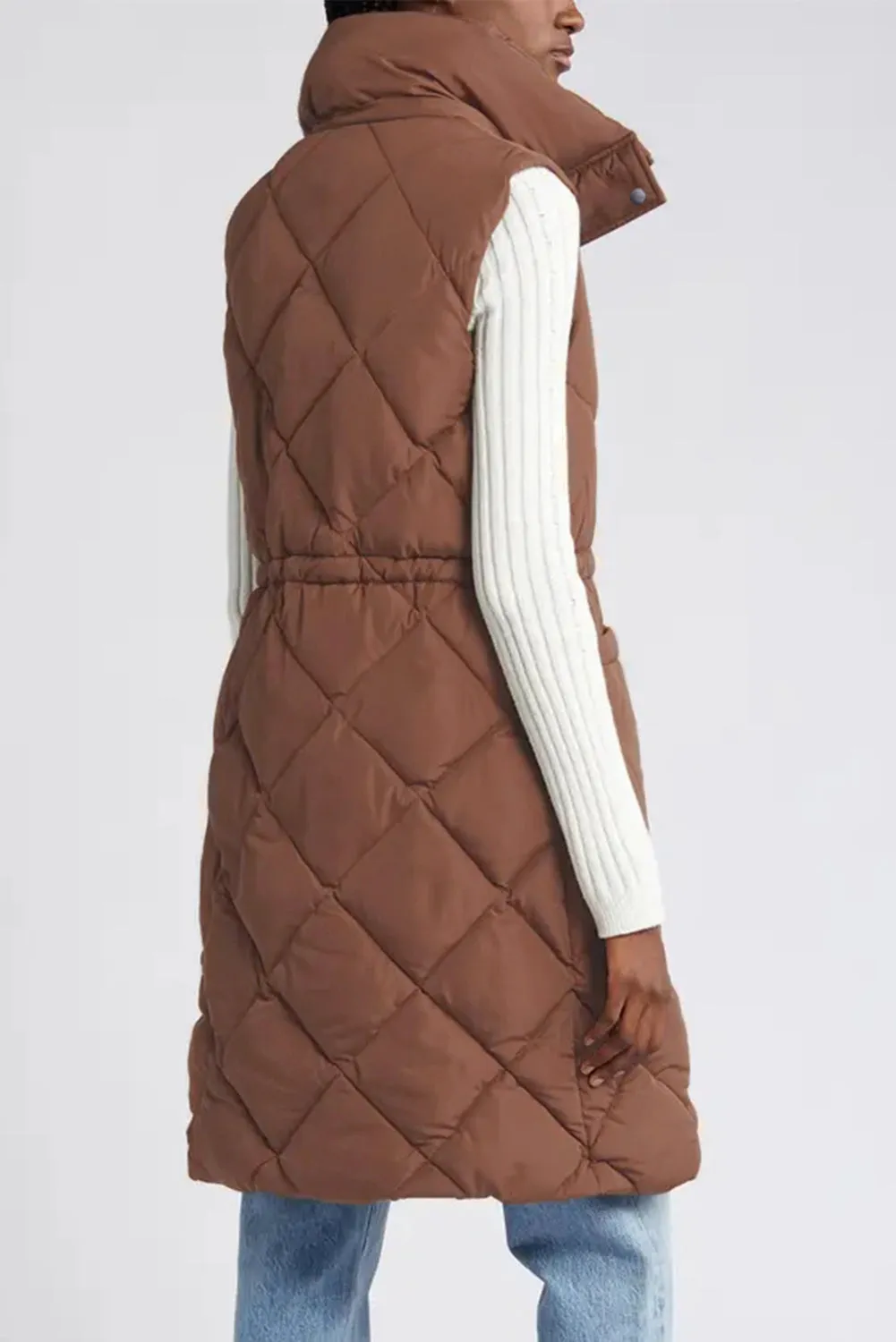 Coffee Puffer Quilted Stand Collar Pocketed Vest Coat