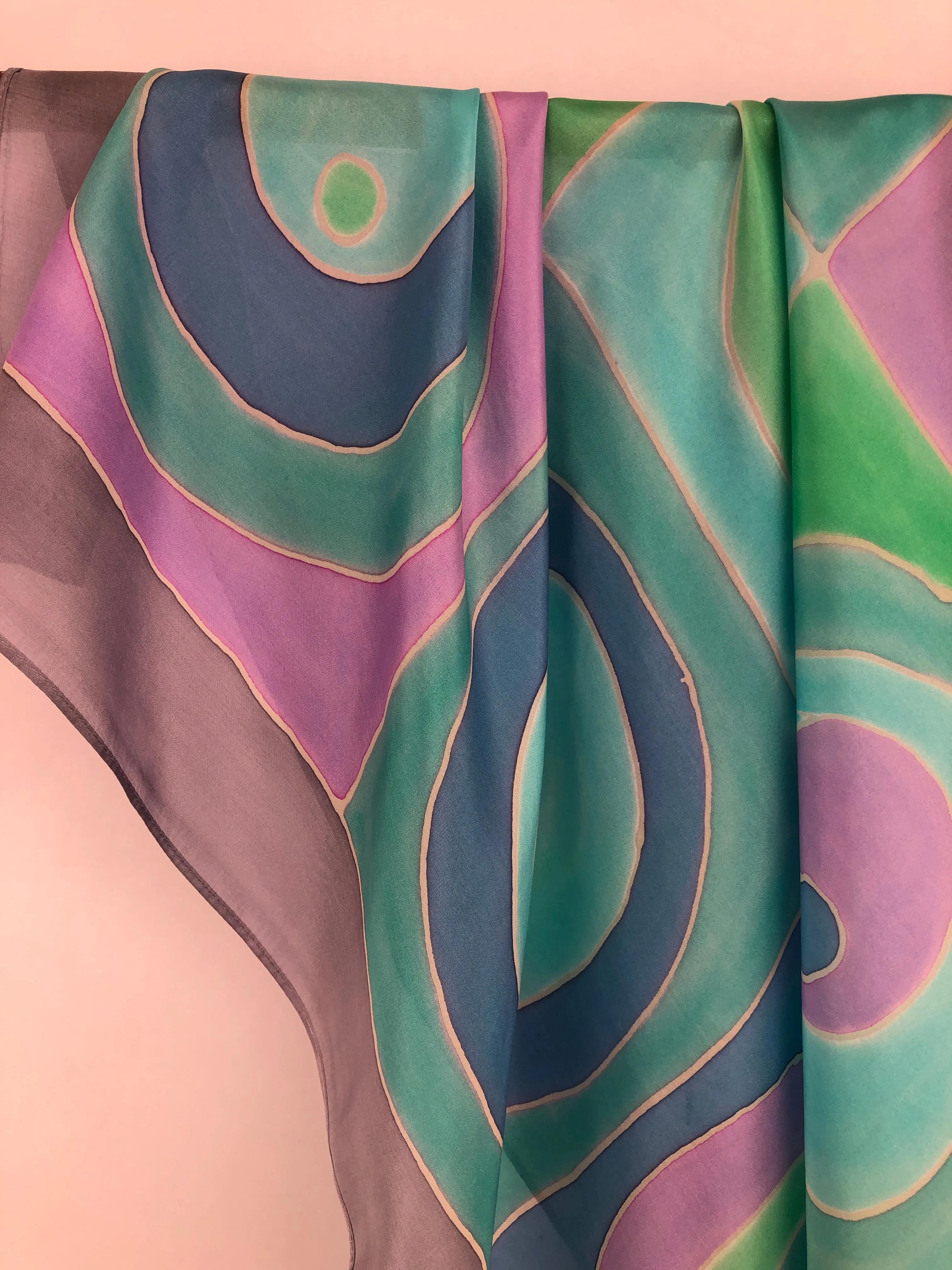 “Cool Circles" - Hand-dyed Silk Scarf - $135