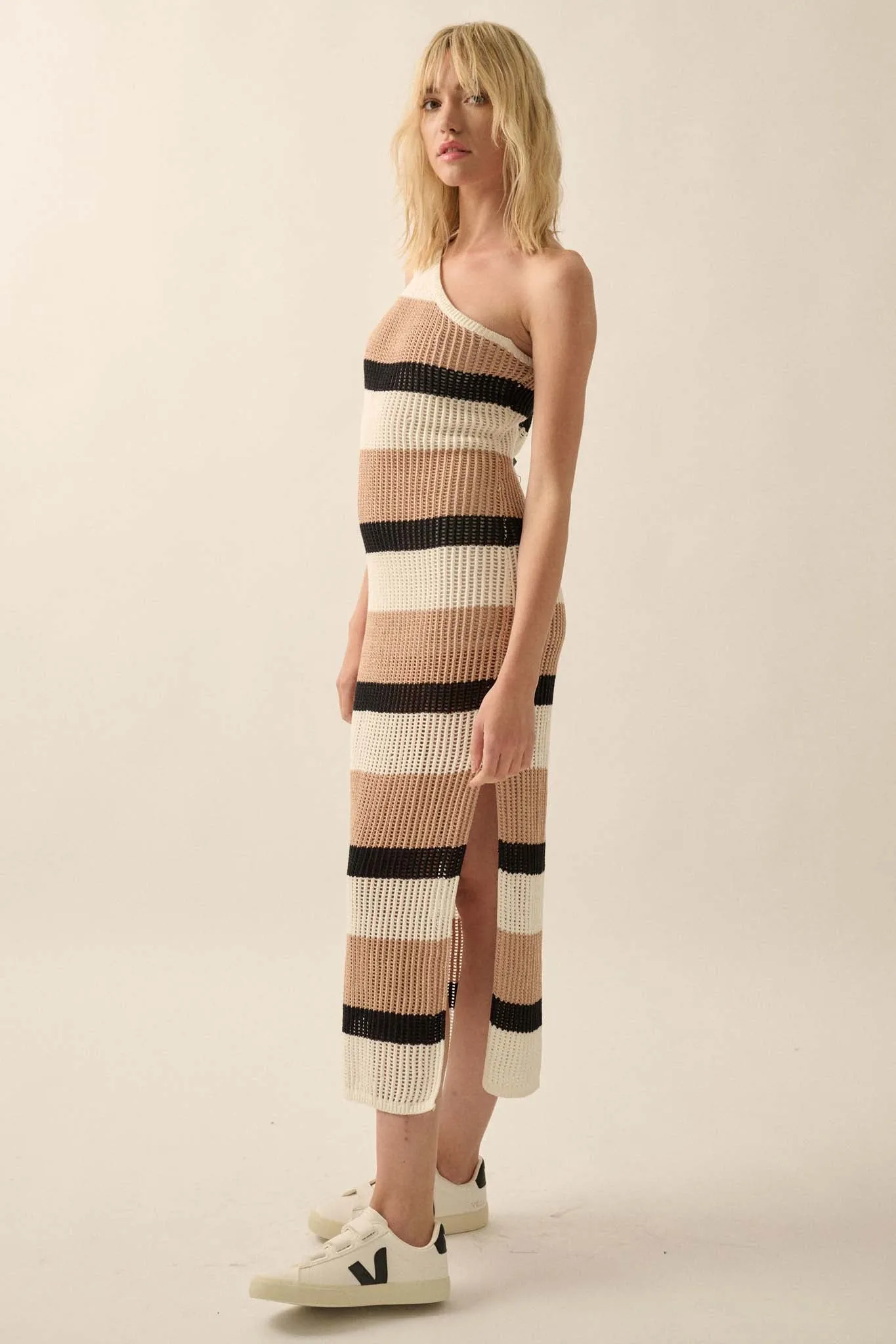 Crochet Bae Striped Knit Asymmetrical Midi Dress