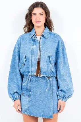 Crop Denim Jacket American Bazi Drawstring Waist Zipper Outwear