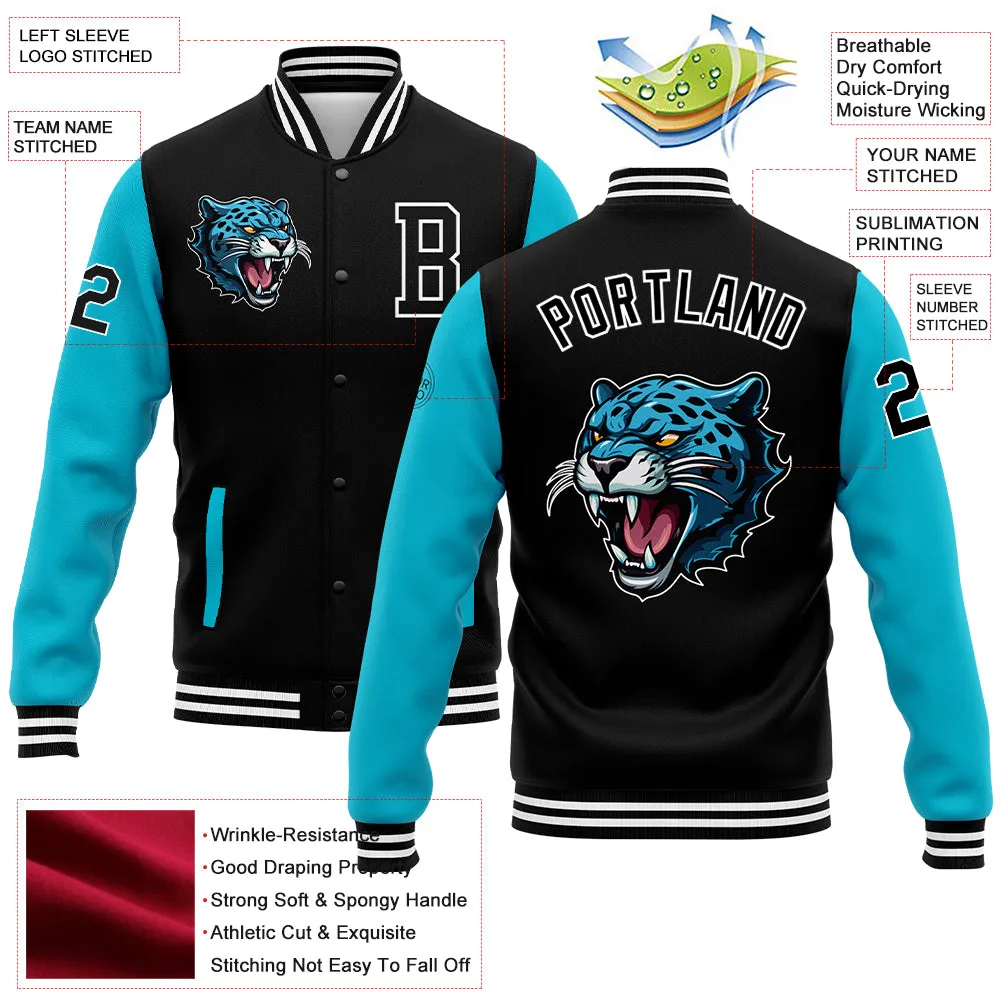 Custom Black Lakes Blue-White 3D Pattern Design Bomber Full-Snap Varsity Letterman Jacket