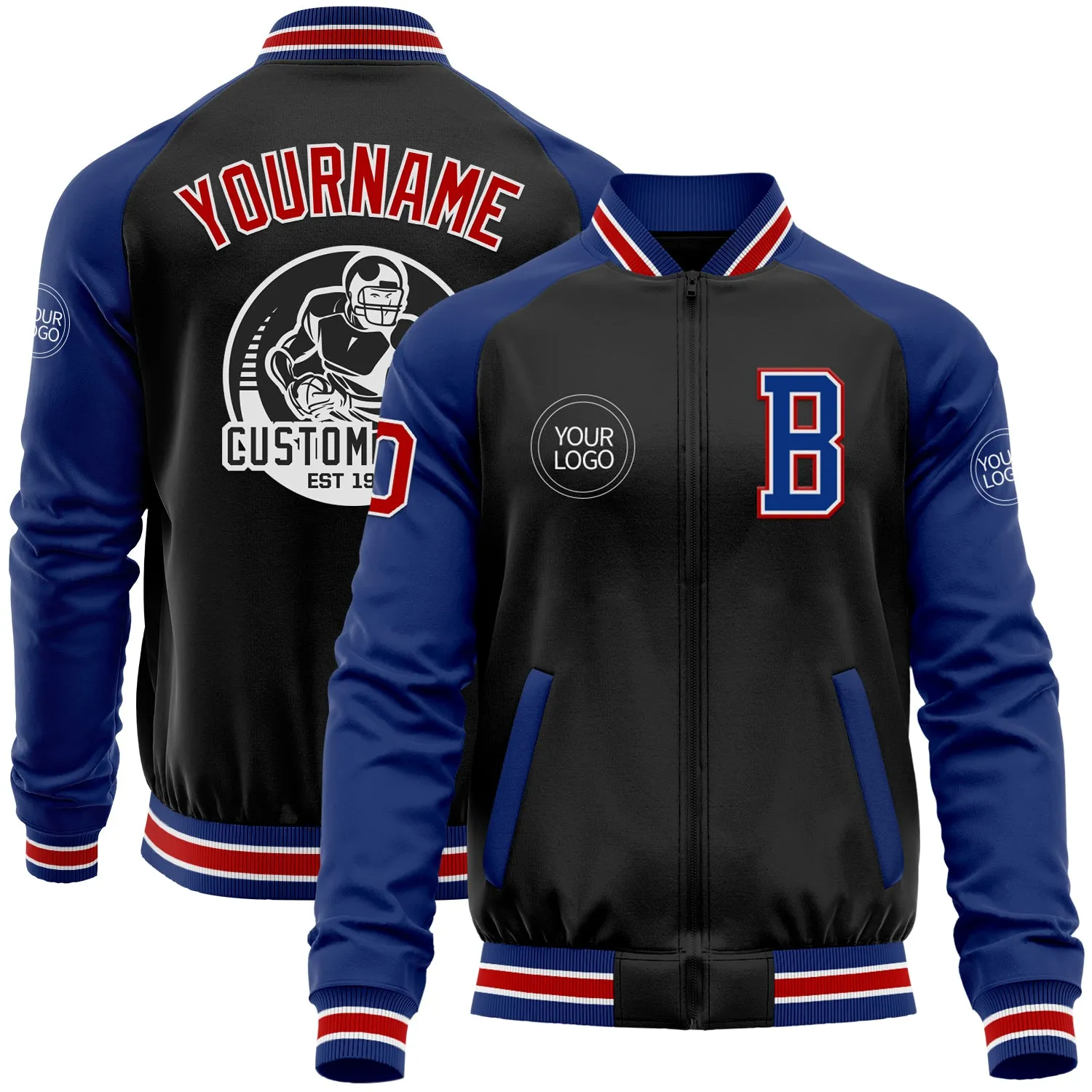 Custom Black Red-Royal Bomber Varsity Letterman Two Tone Zipper Jacket