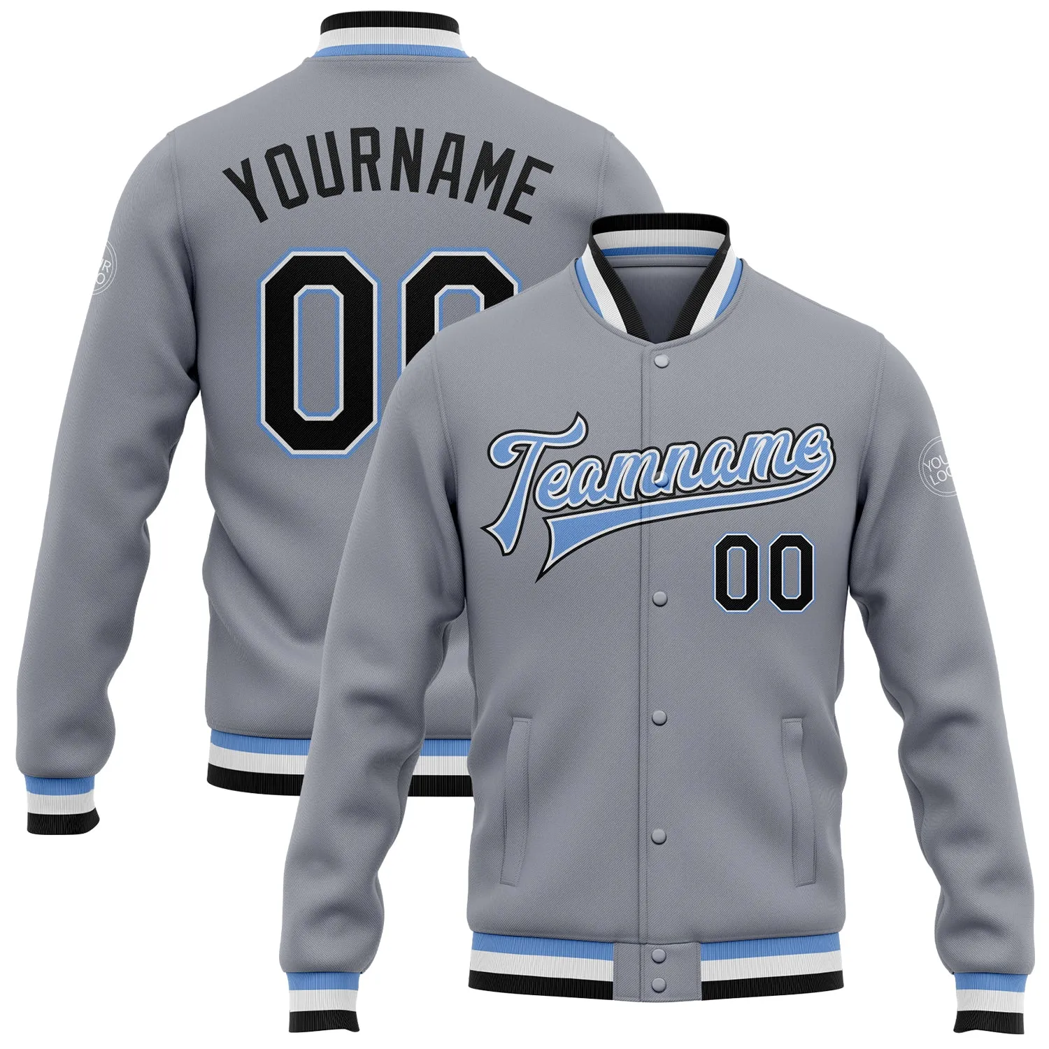 Custom Gray Black-Light Blue Bomber Full-Snap Varsity Letterman Jacket