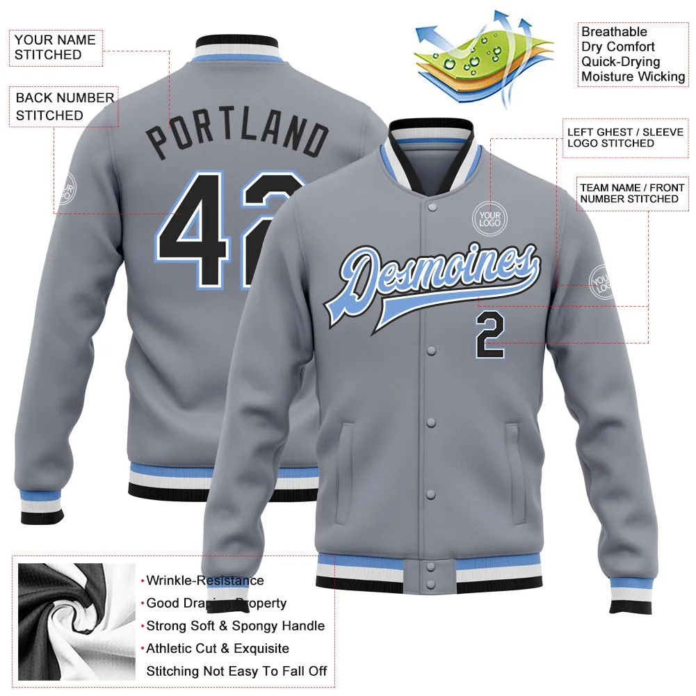 Custom Gray Black-Light Blue Bomber Full-Snap Varsity Letterman Jacket