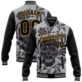 Custom Gray Black-Old Gold Skull With Flowers 3D Bomber Full-Snap Varsity Letterman Two Tone Jacket