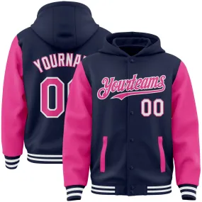 Custom Navy Pink-White Bomber Full-Snap Varsity Letterman Two Tone Hoodie Jacket