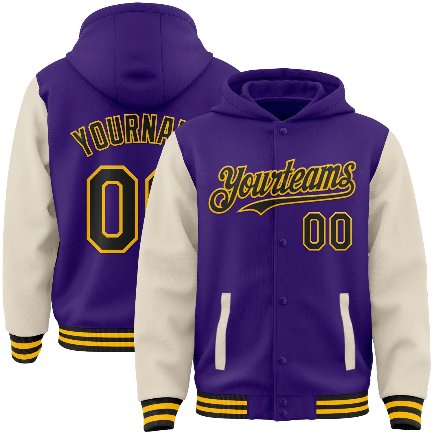 Custom Purple Black Cream-Gold Bomber Full-Snap Varsity Letterman Two Tone Hoodie Jacket