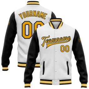 Custom White Gold-Black Bomber Full-Snap Varsity Letterman Two Tone Jacket