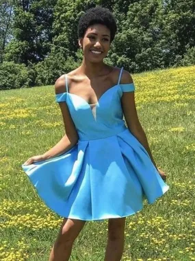 Cute Off the Shoulder Blue Short Prom Homecoming, Off Shoulder Blue Formal Graduation Evening