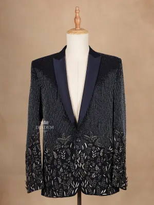 Dark Blue Coat Suit Set with Floral Embroidery