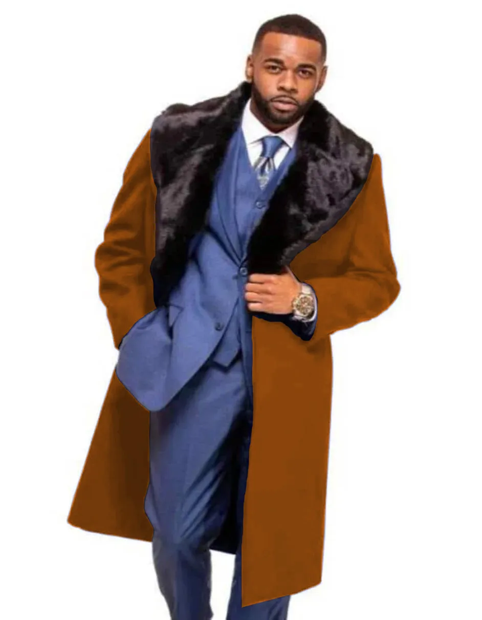 Dark Navy Blue Overcoat ~ Long men's Dress Topcoat - Winter coat With Fur Collar And Wool Fabric