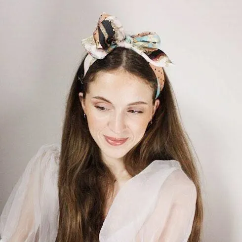 double layered bow knot headband chain strap print hairband women hair accessory