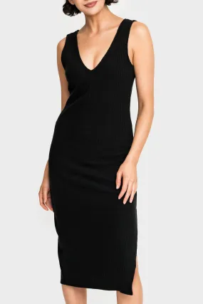 Double V Ribbed Knit Midi Dress with Side Slit