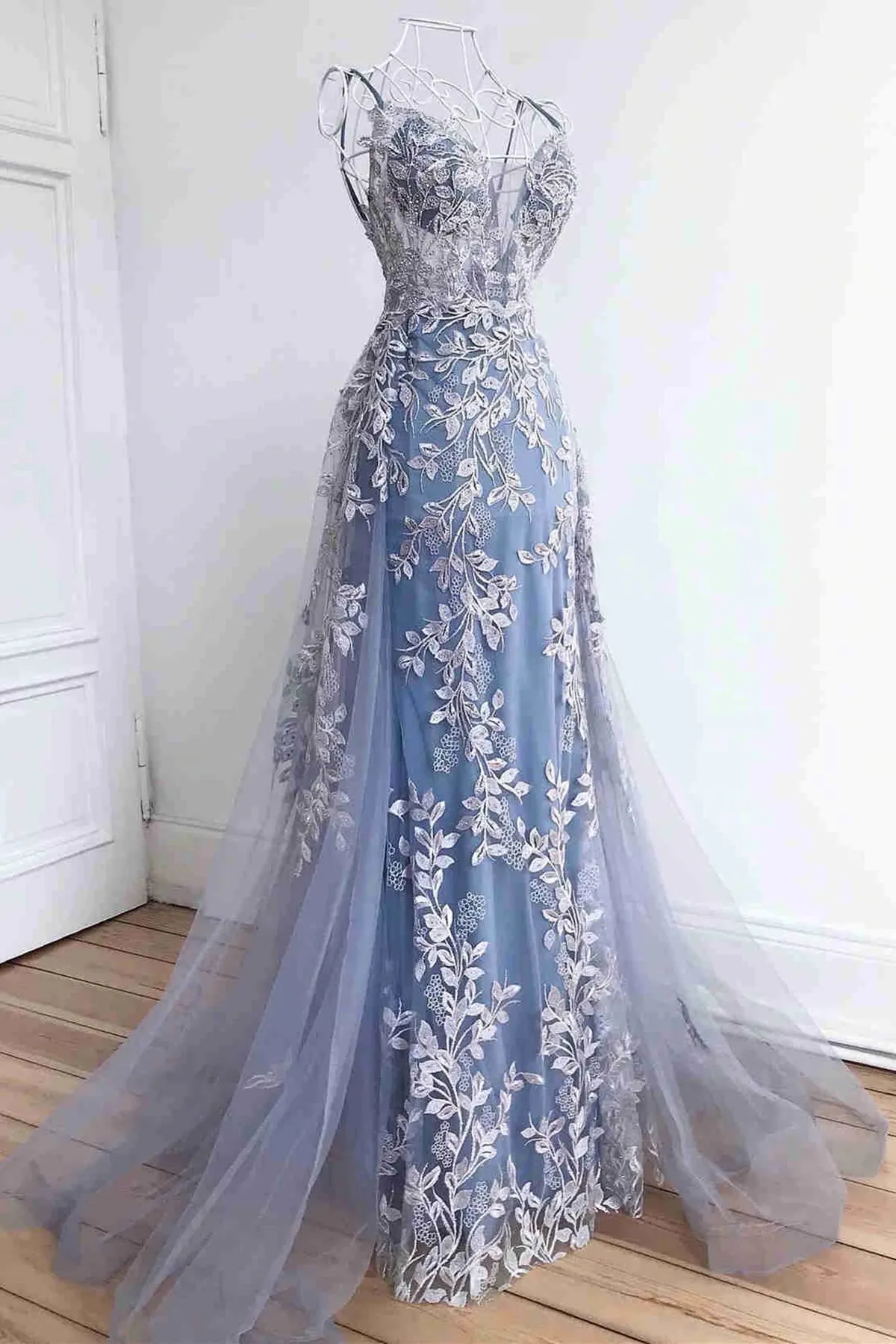 Elegant Mermaid Backless V Neck Blue Lace Long Prom Dresses, Mermaid Blue Formal Dresses, Blue Lace Evening Dresses