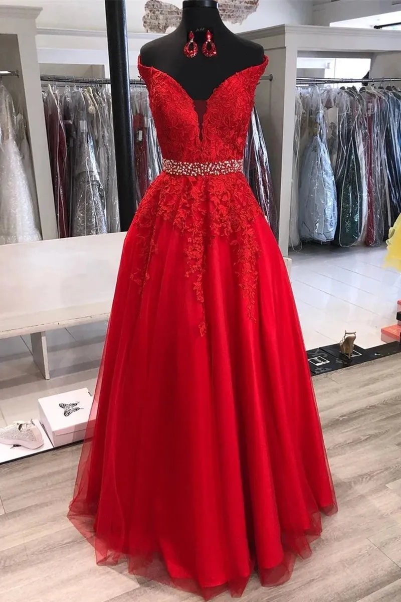 Elegant Off Shoulder Red Lace Long Prom with Belt, Off Shoulder Red Formal, Red Lace Evening