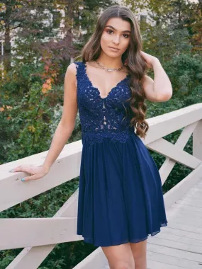 Elegant V Neck Navy Blue Lace Short Prom Homecoming, Lace Navy Blue Formal Graduation Evening