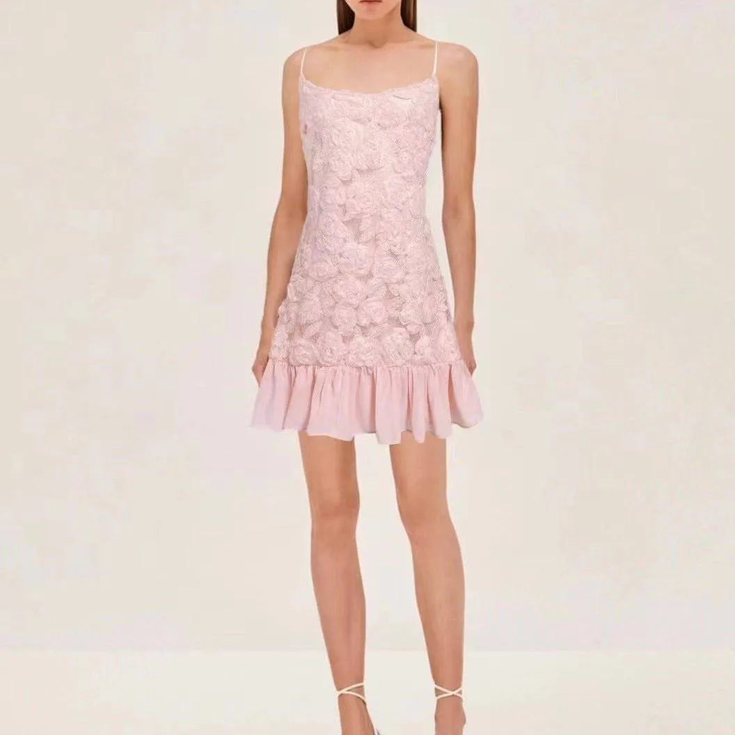 Emmy Floral Appliqué Pleated Hem Mini Dress