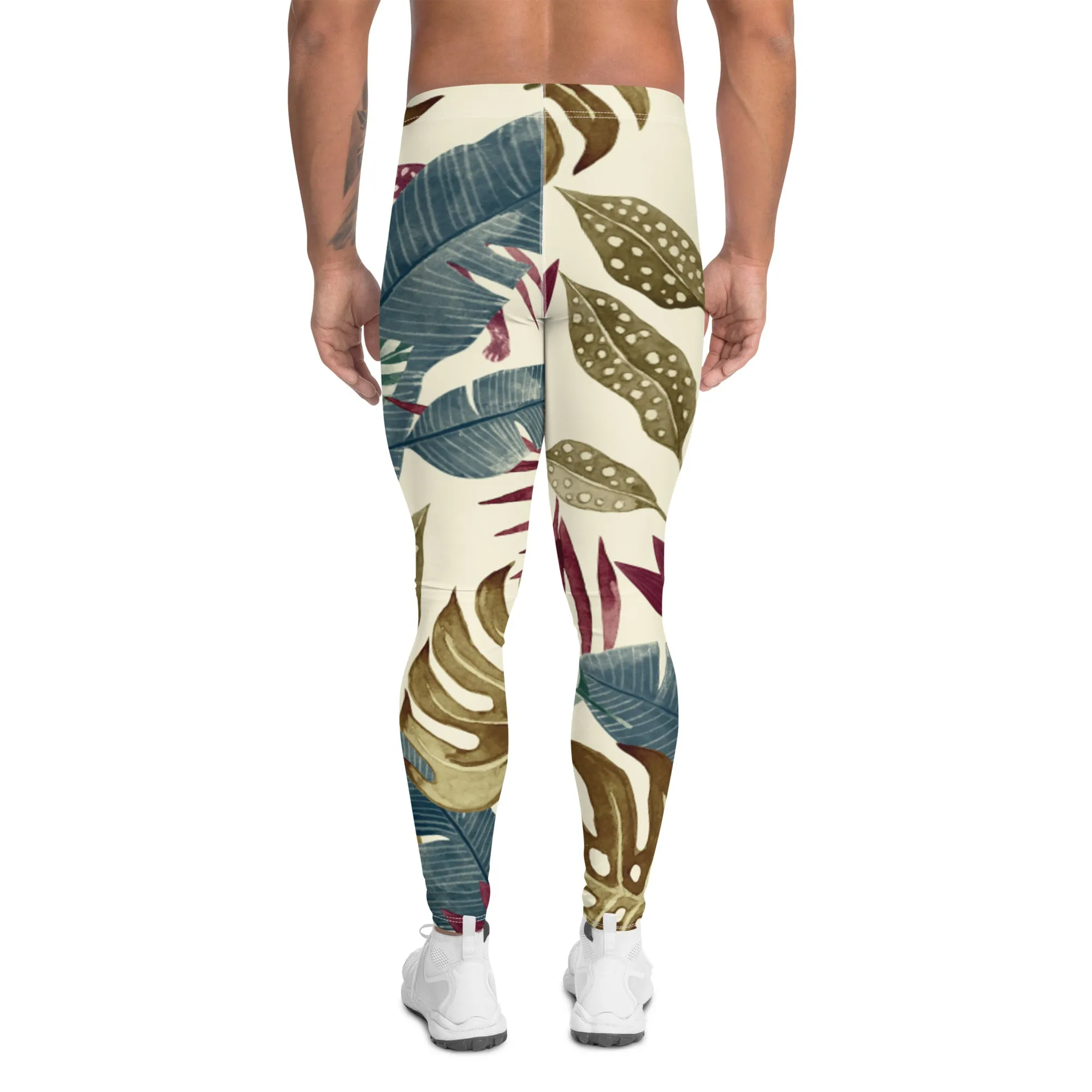 Fall Tropical Leaf Meggings, Best Tropical Leaves Print Men's Leggings, Green Palm Leaf Men's Sports Running Tights - Made in USA/EU/MX