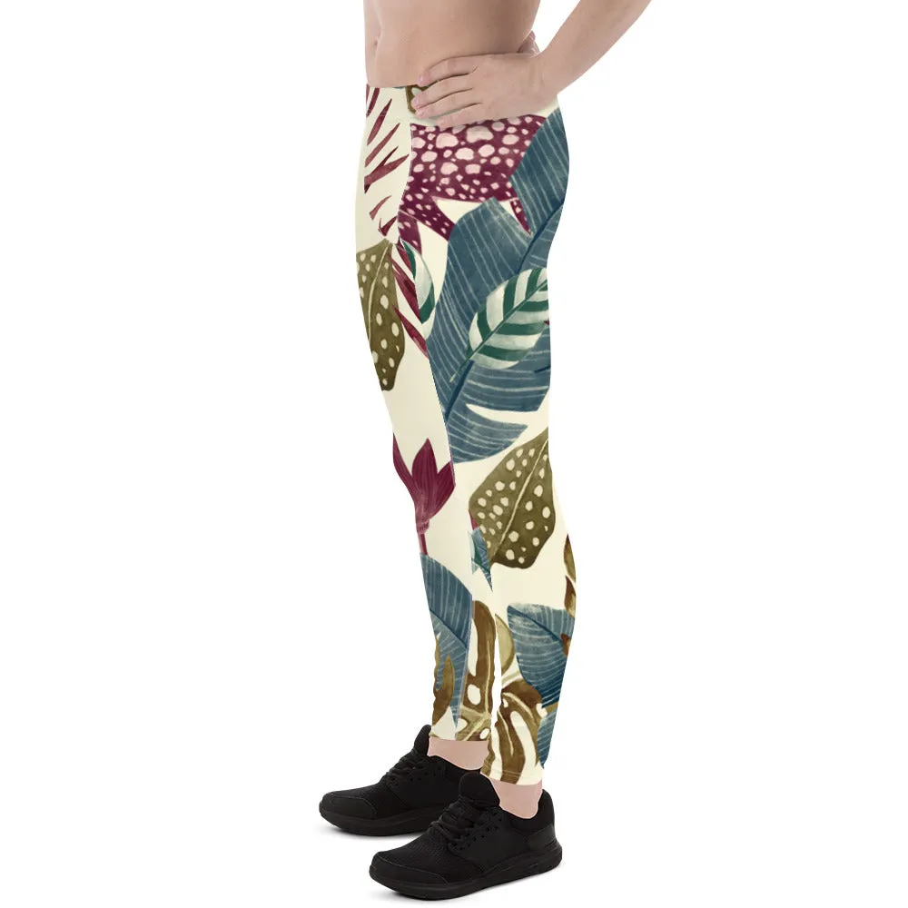 Fall Tropical Leaf Meggings, Best Tropical Leaves Print Men's Leggings, Green Palm Leaf Men's Sports Running Tights - Made in USA/EU/MX