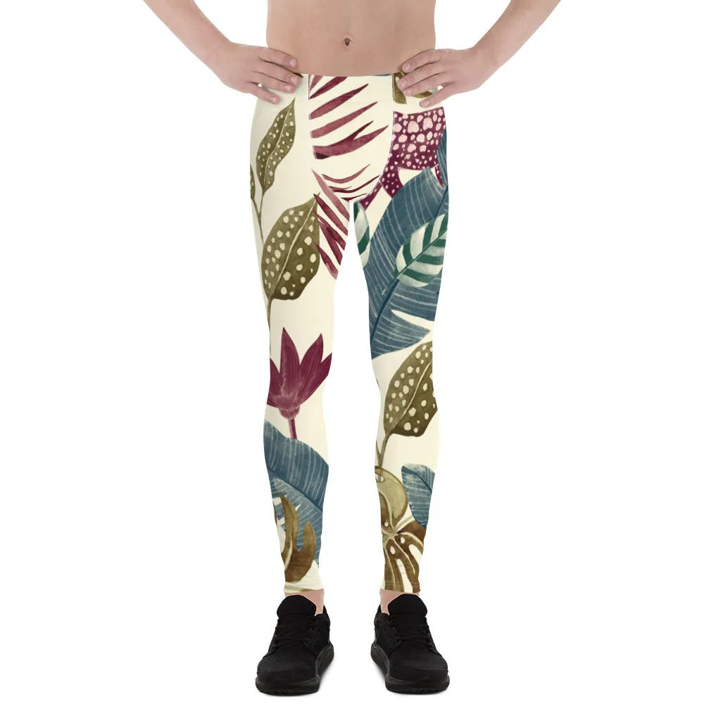 Fall Tropical Leaf Meggings, Best Tropical Leaves Print Men's Leggings, Green Palm Leaf Men's Sports Running Tights - Made in USA/EU/MX