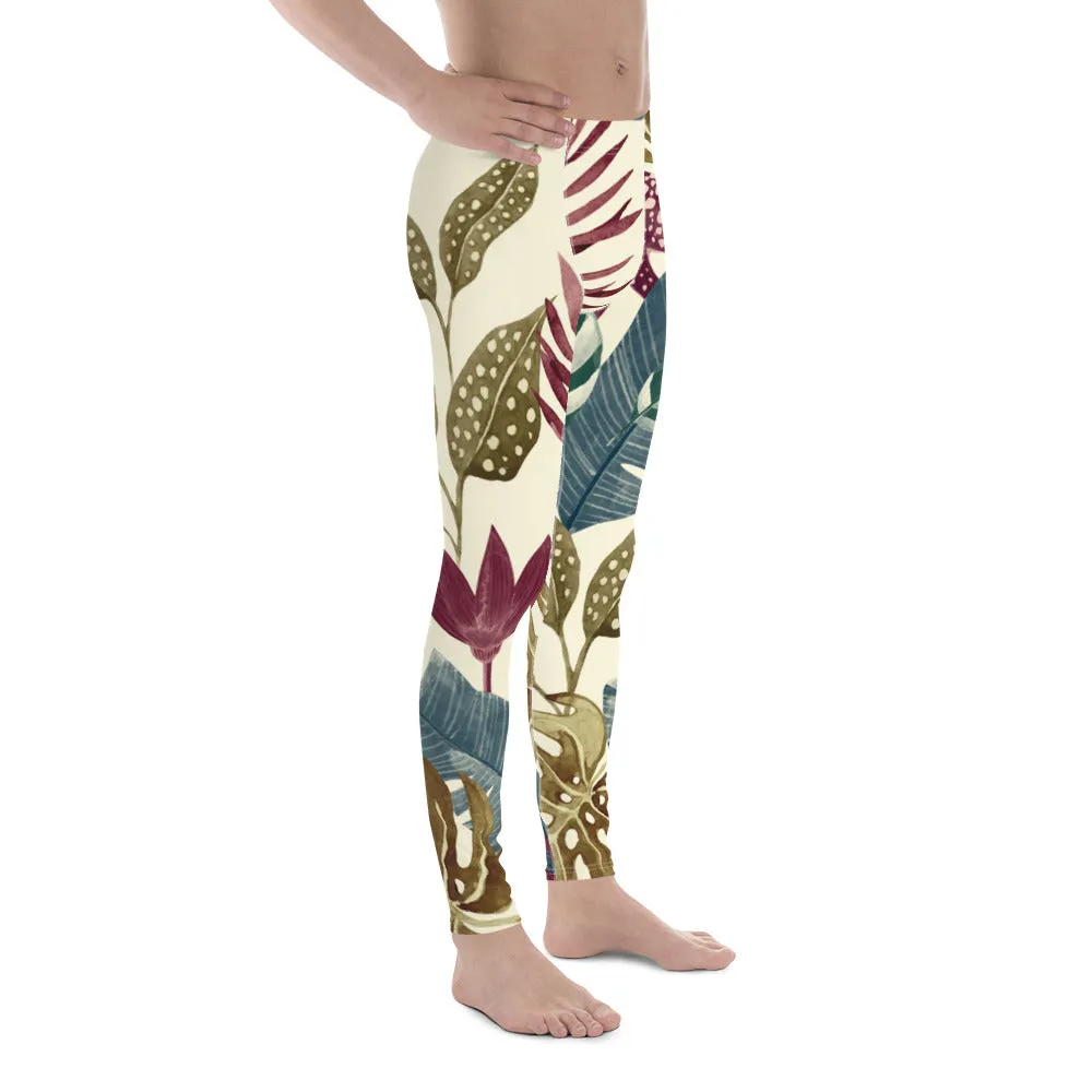 Fall Tropical Leaf Meggings, Best Tropical Leaves Print Men's Leggings, Green Palm Leaf Men's Sports Running Tights - Made in USA/EU/MX