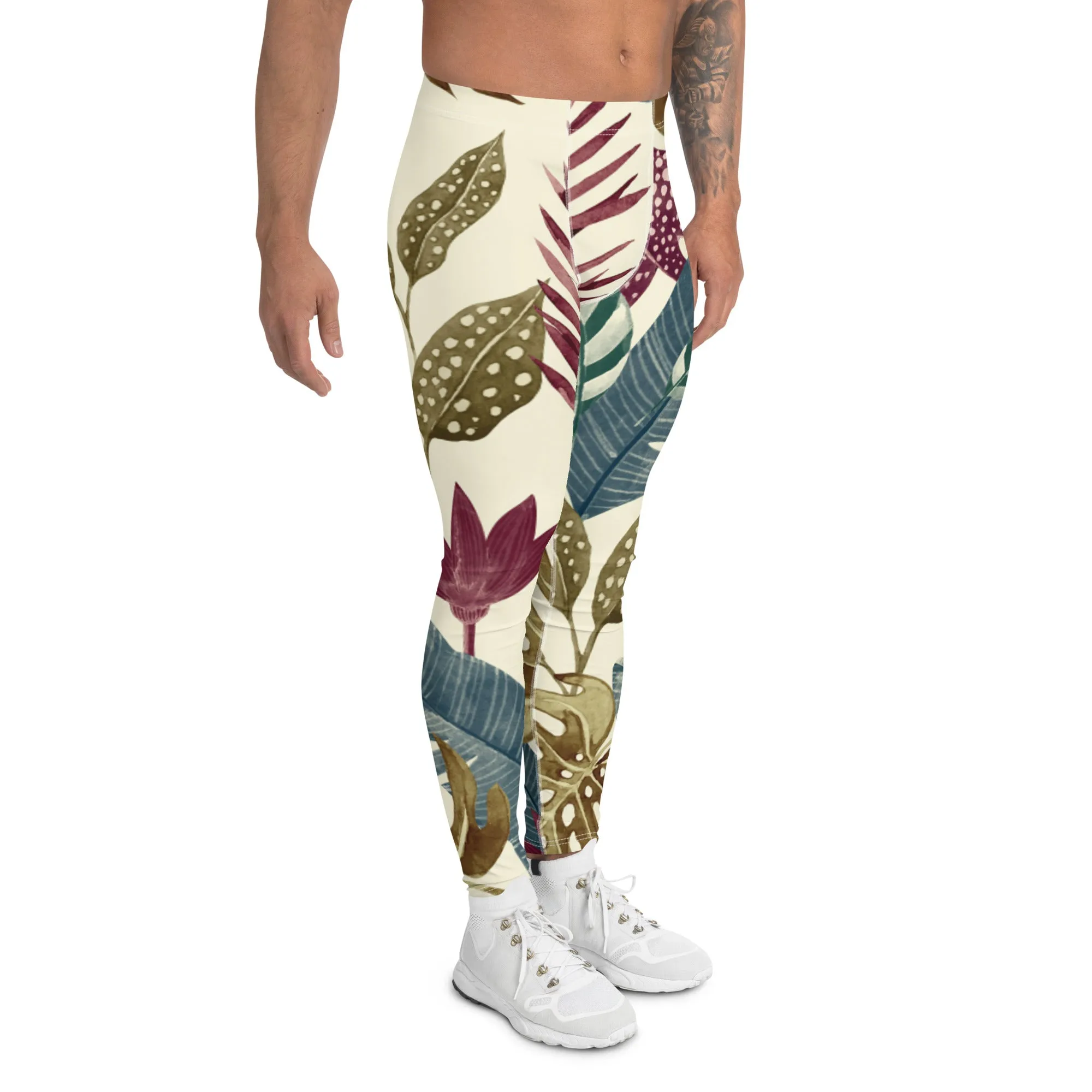 Fall Tropical Leaf Meggings, Best Tropical Leaves Print Men's Leggings, Green Palm Leaf Men's Sports Running Tights - Made in USA/EU/MX