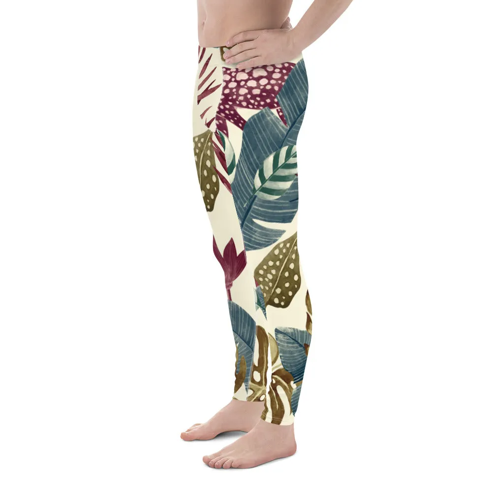 Fall Tropical Leaf Meggings, Best Tropical Leaves Print Men's Leggings, Green Palm Leaf Men's Sports Running Tights - Made in USA/EU/MX