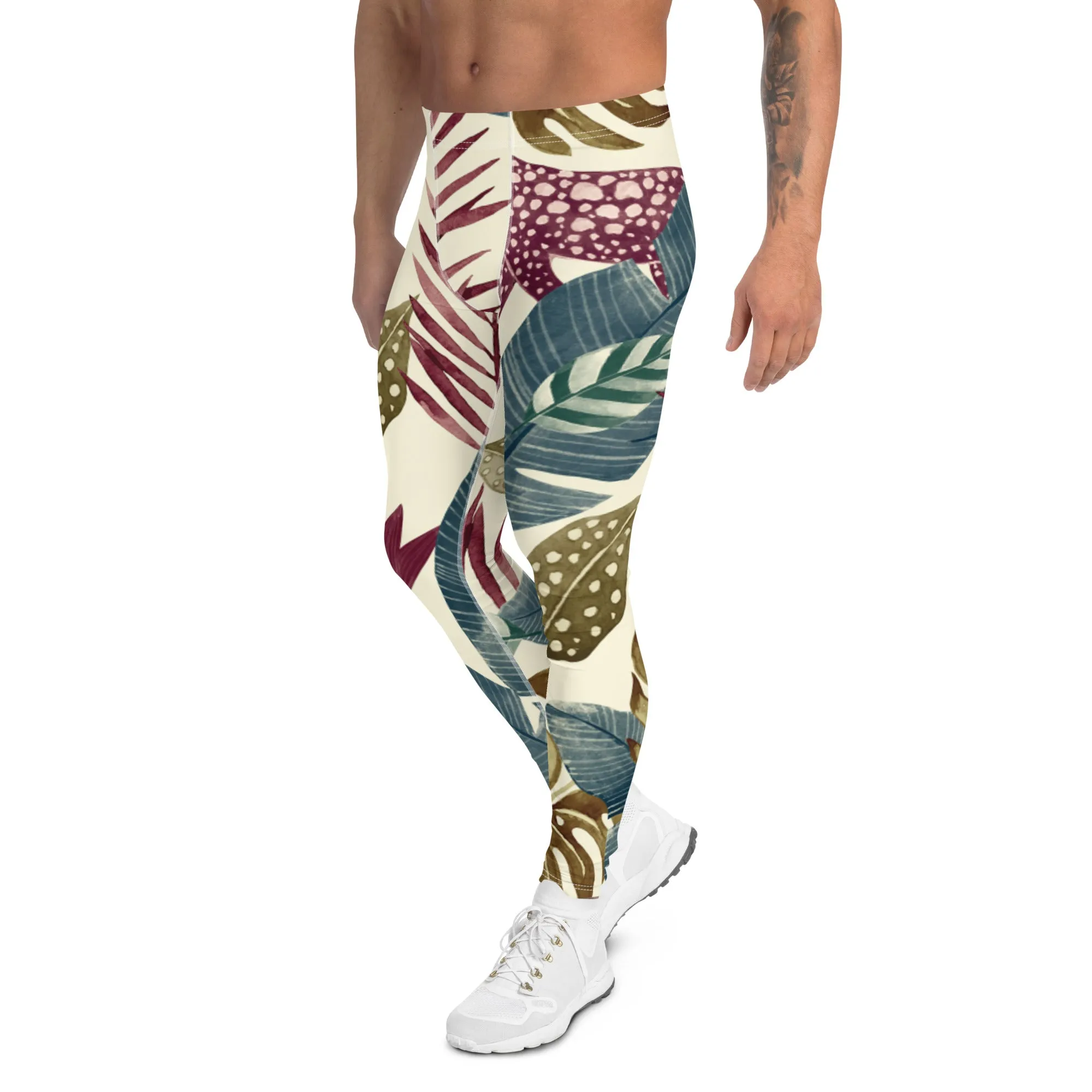 Fall Tropical Leaf Meggings, Best Tropical Leaves Print Men's Leggings, Green Palm Leaf Men's Sports Running Tights - Made in USA/EU/MX