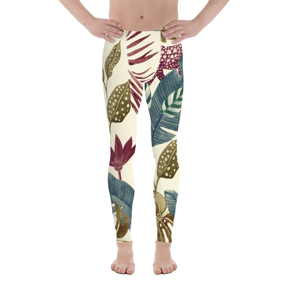 Fall Tropical Leaf Meggings, Best Tropical Leaves Print Men's Leggings, Green Palm Leaf Men's Sports Running Tights - Made in USA/EU/MX