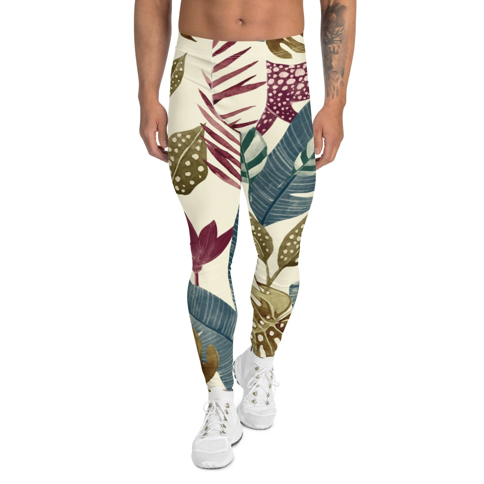 Fall Tropical Leaf Meggings, Best Tropical Leaves Print Men's Leggings, Green Palm Leaf Men's Sports Running Tights - Made in USA/EU/MX