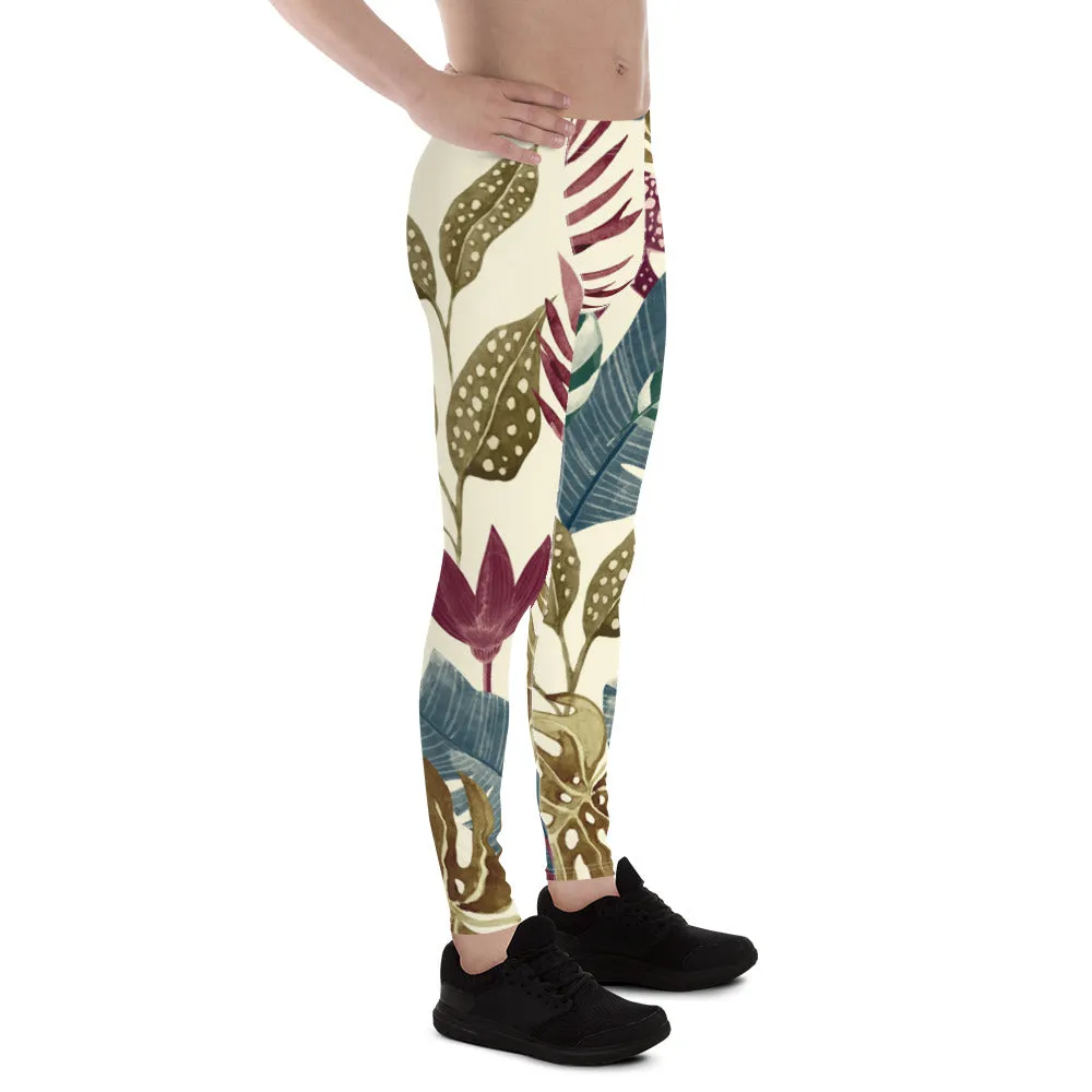 Fall Tropical Leaf Meggings, Best Tropical Leaves Print Men's Leggings, Green Palm Leaf Men's Sports Running Tights - Made in USA/EU/MX