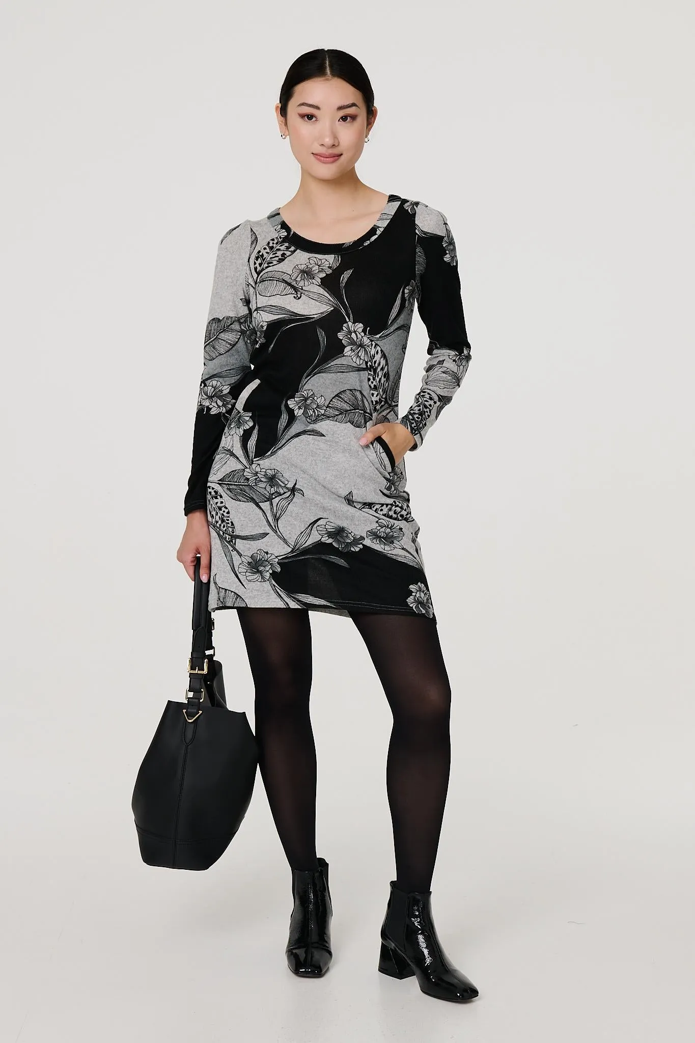 Floral Long Sleeve Jersey Shift Dress