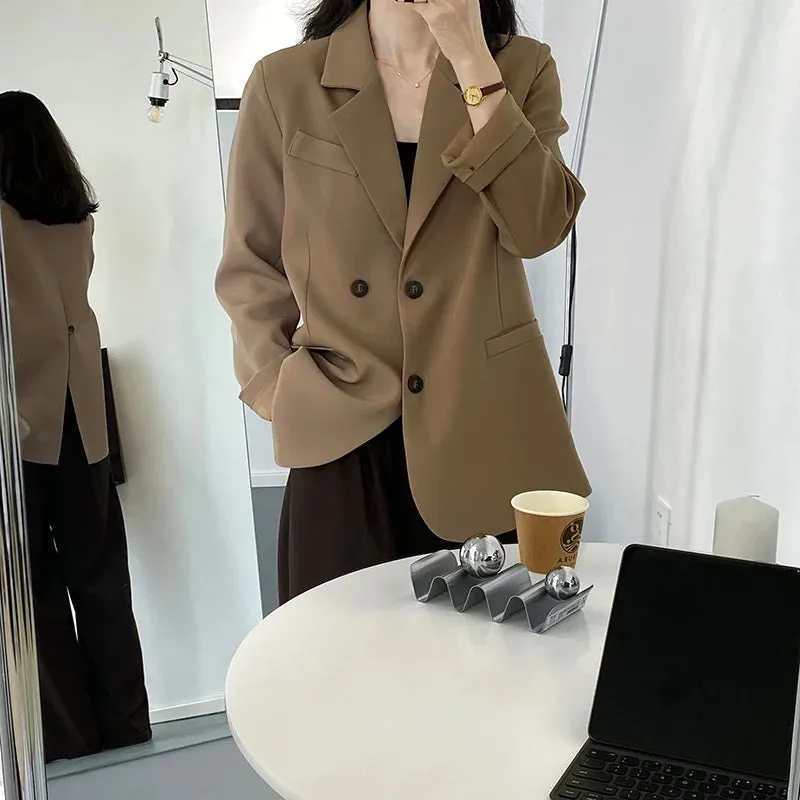 Flytonn-Fall Outfits Women Outwear Streetwear -Button Back Split Silhouette Double Breasted Plus Blazer Beige Khaki Black Autumn Women Coat