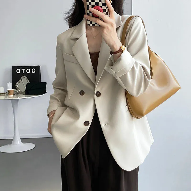 Flytonn-Fall Outfits Women Outwear Streetwear -Button Back Split Silhouette Double Breasted Plus Blazer Beige Khaki Black Autumn Women Coat