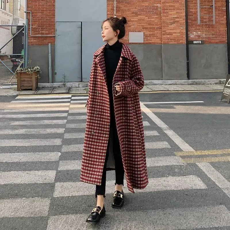 Full-Length Loose Fit Wool Thickened Plaid Cinched Waist Overcoat