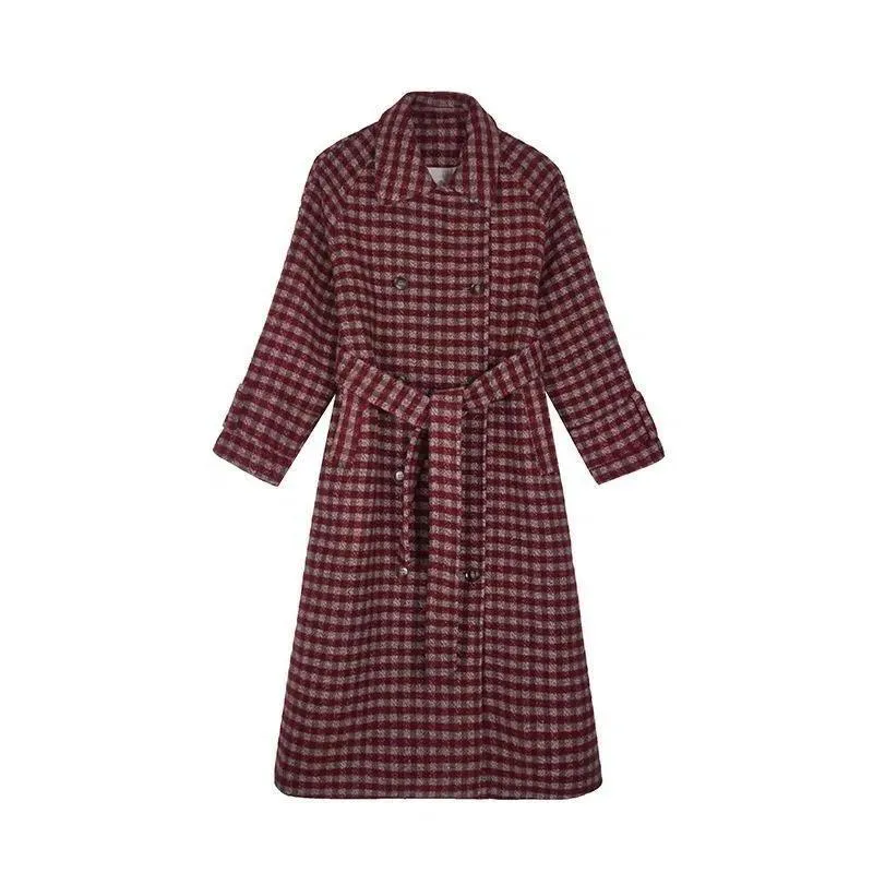 Full-Length Loose Fit Wool Thickened Plaid Cinched Waist Overcoat