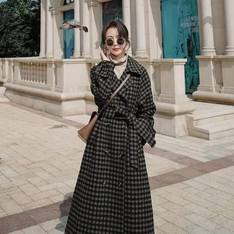 Full-Length Loose Fit Wool Thickened Plaid Cinched Waist Overcoat