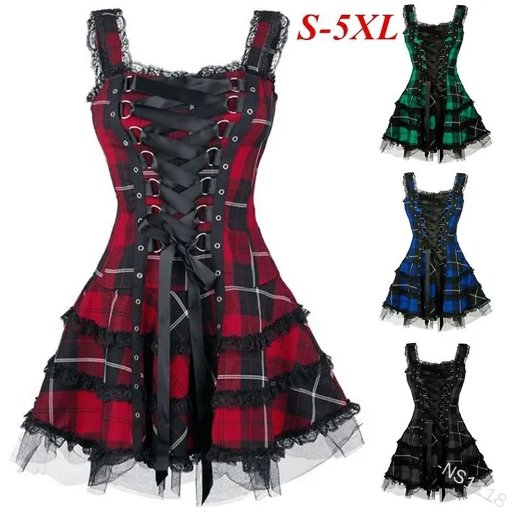 Funki Buys | Dresses | Women's Gothic Punk Plaid Mini Dress