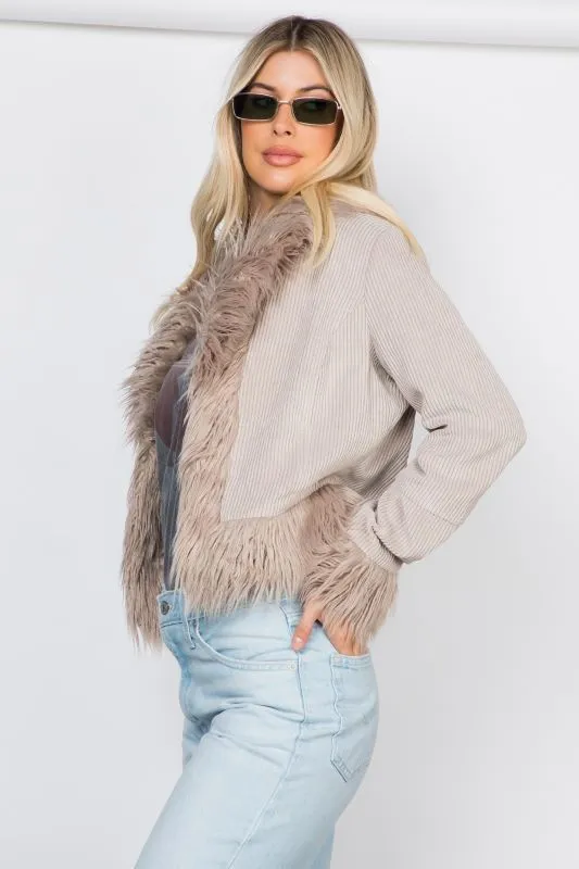 Fur Trim Cord Cropped Jacket