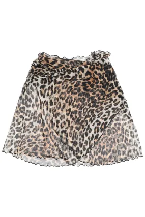 Ganni cover up mini skirt in mesh with leopard print