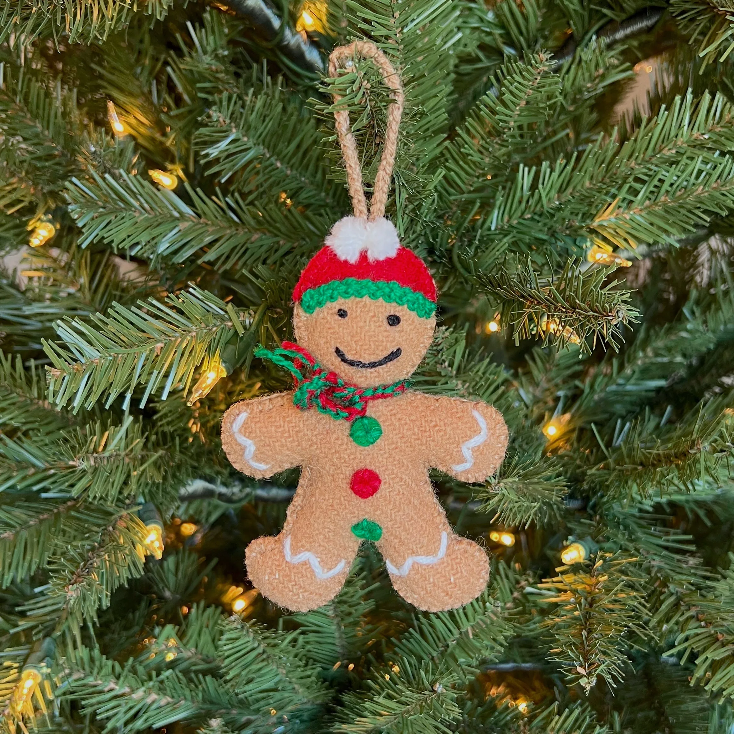 Gingerbread Man Ornament, Embroidered Wool