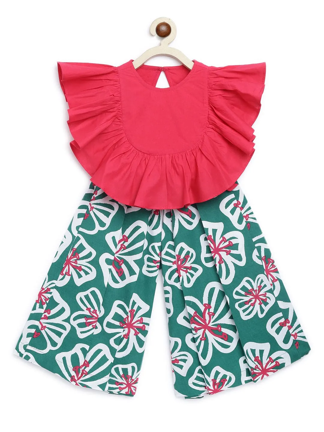 Girls Culottes Pant Ruffle Top Set-Green