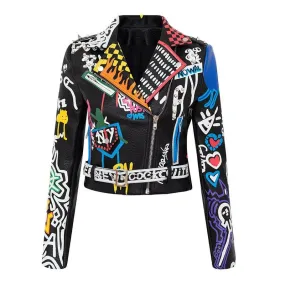 Graffiti Faux Leather Jacket Cropped Moto-Uptown