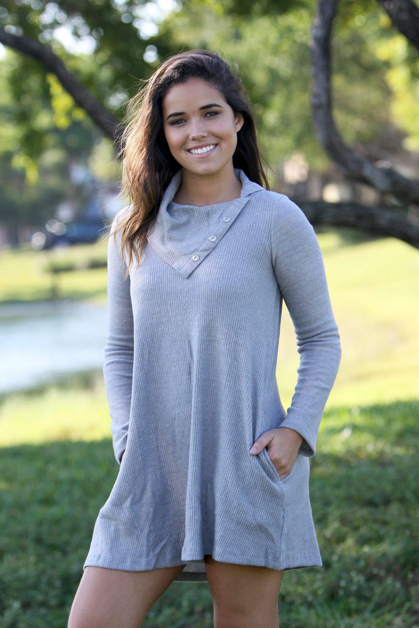 Gray Tunic Sweater with Buttons