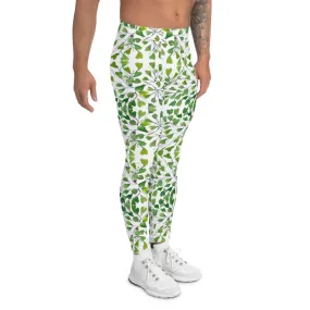 Green Fern Print Men's Leggings, Botanical Leaves Meggings Run Tights-Made in USA/EU