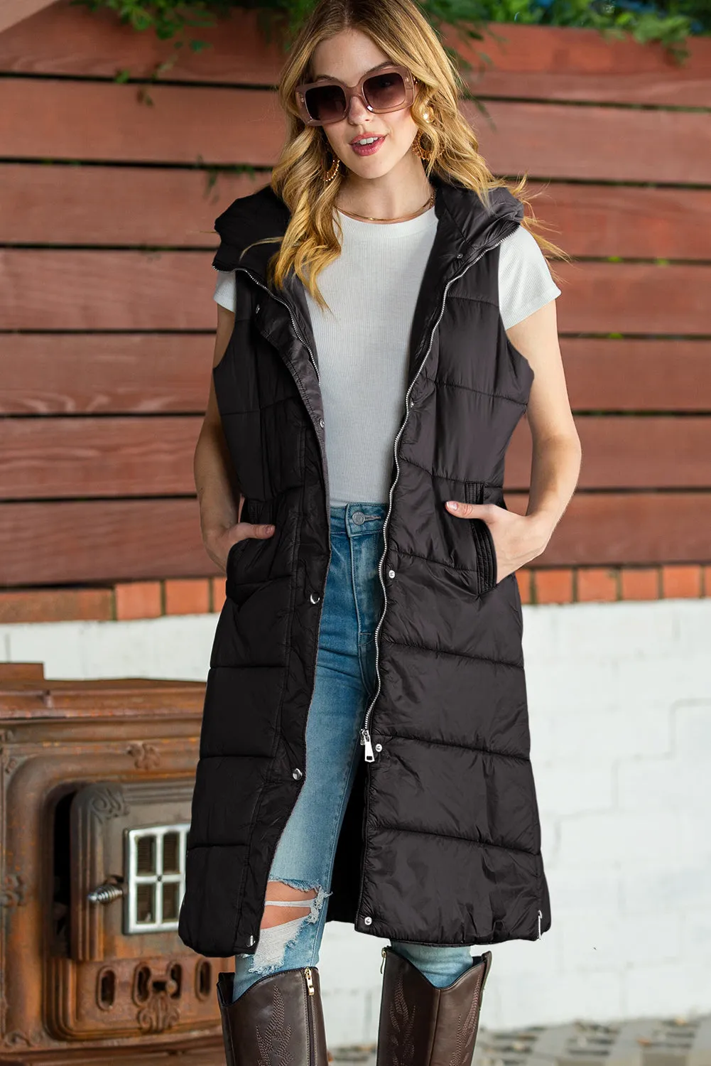 Green Hooded Pocketed Quilted Long Vest Coat