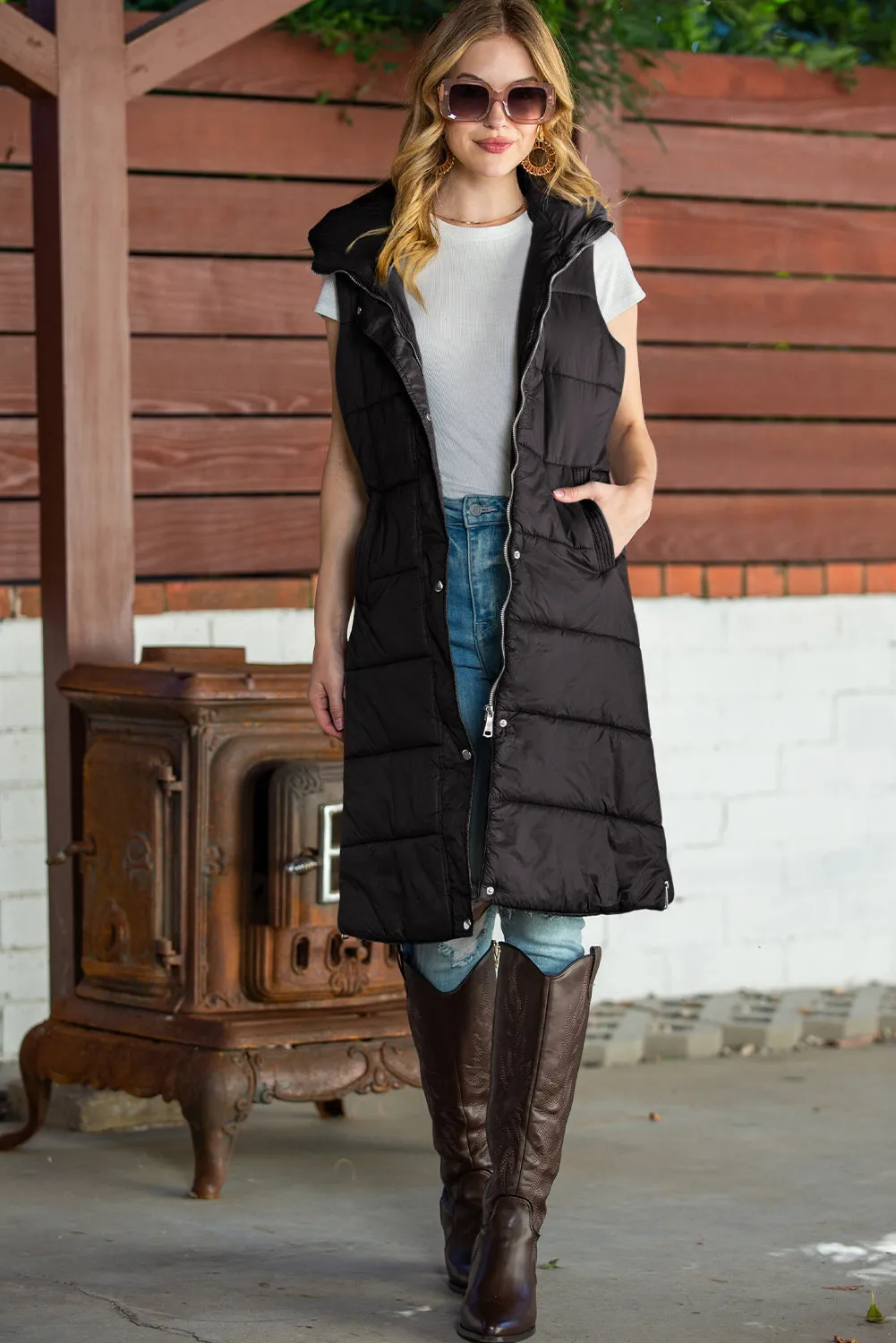 Green Hooded Pocketed Quilted Long Vest Coat