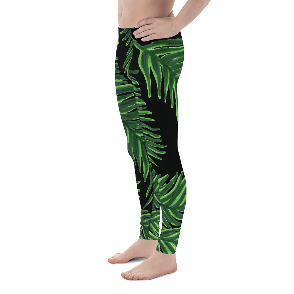 Green Tropical Leaf Meggings, Best Premium Quality Hawaiian Premium Black Men's Leggings-Made in USA/EU